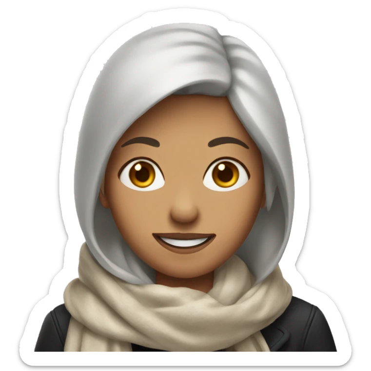 A woman white with freckles and chestnut red hair, wearing a scarf and a black jacket, round face and with a smile sticker