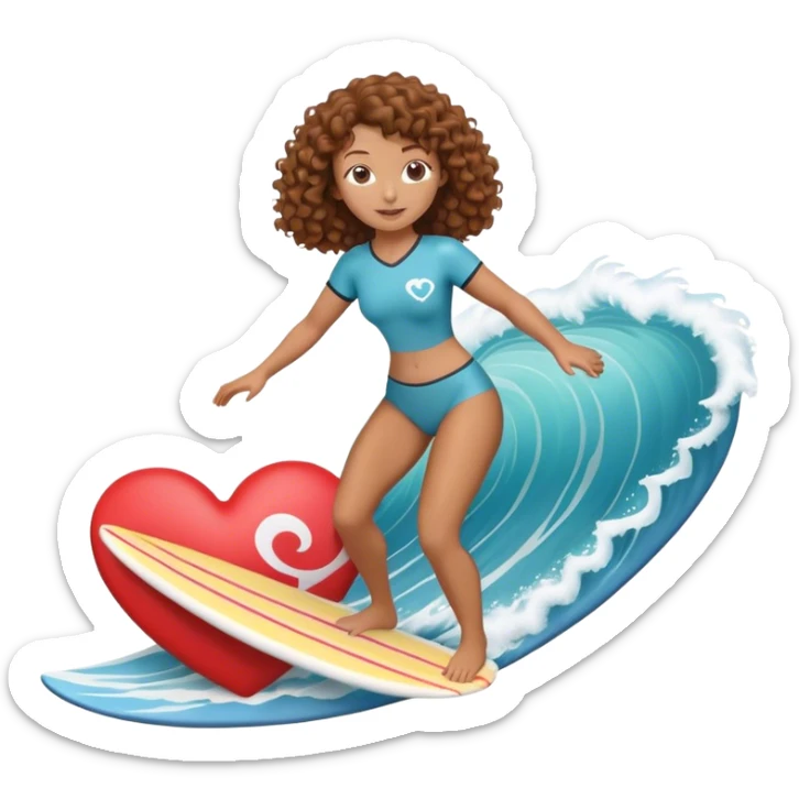 Woman with brown curly hair surfing wave in 3d heart sticker