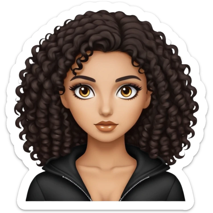 dark curly hair, pretty eyes, tan skin, pretty makeup, pretty bratz baddie sticker