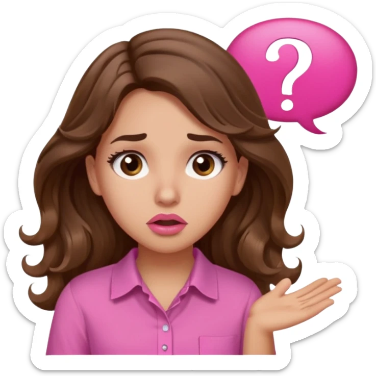 girl with long wavy brown hair, brown eyes, light to medium complexion, in a pink shirt, pink lips, long lashes, confused, question mark one speech bubble sticker