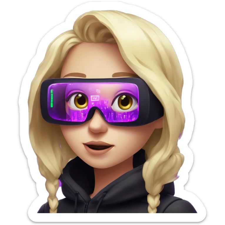 Russian cute blond girl wearing black hoody with violet letters "OMG", in vr headset. Cyberpunk style. Violet neon. sticker