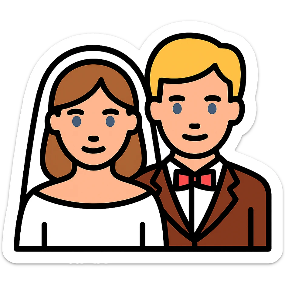 portrait of a bride with light brown hair and grey-blue eyes, and a groom with blonde hair, blue eyes, wearing a brown suit sticker