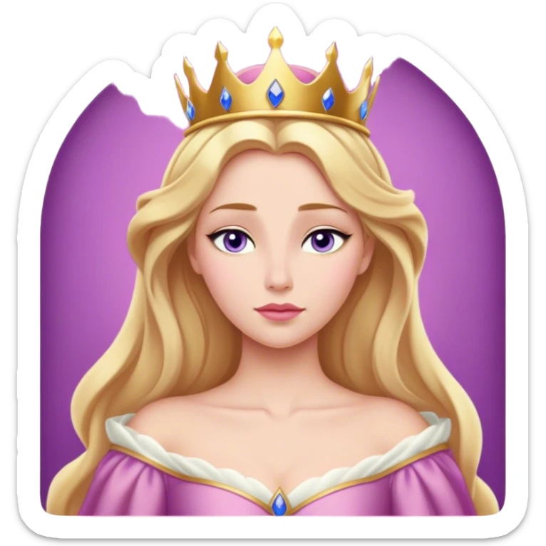 Cinematic Realistic Sleeping Beauty (Aurora) Portrait, with porcelain-like skin featuring a natural rosy flush, illuminated by soft lighting that highlights the gentle contours of her face. Her golden blonde hair flows in soft, detailed waves with subtle highlights that shimmer in the light. Her deep violet-blue eyes radiate warmth and innocence, framed by arched brows and long lashes. Her serene expression exudes quiet elegance. She is dressed in her classic pink gown, the fabric rich in texture with delicate folds that catch the light. A golden crown rests atop her head, gleaming with royal refinement. The portrait captures a soft, glowing aura, blending realism with an ethereal sense of beauty and timeless enchantment. sticker