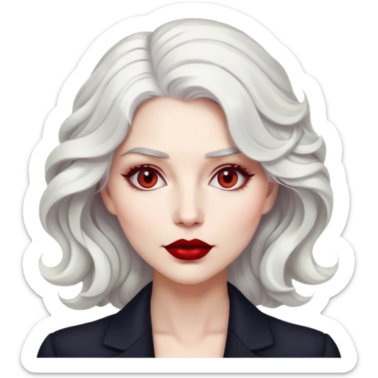 A detailed emoji of a stylish woman with wavy white hair, light gray eyes, and deep red lipstick. She has a confident and elegant expression, glossy and vibrant, resembling a modern digital emoji. sticker