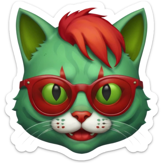 Zombie cat with sun glasses and red hair and joker nose sticker