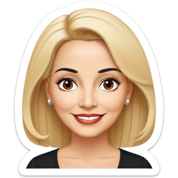 Professional portrait of Linette Torres, Puerto Rican actress in her 50s with light skin, age-appropriate features, charismatic expression, bright eyes, beautifully shaped eyebrows, charming smile, elegant blonde hair, wearing a classic black top sticker