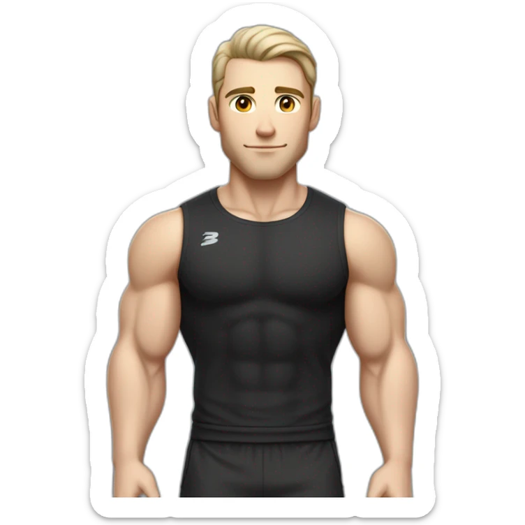 Pale skinned Fit Man With the biceps and dark brown hair in black shirt, gray sports shorts and white Sneakers Scales of the back of the head sticker