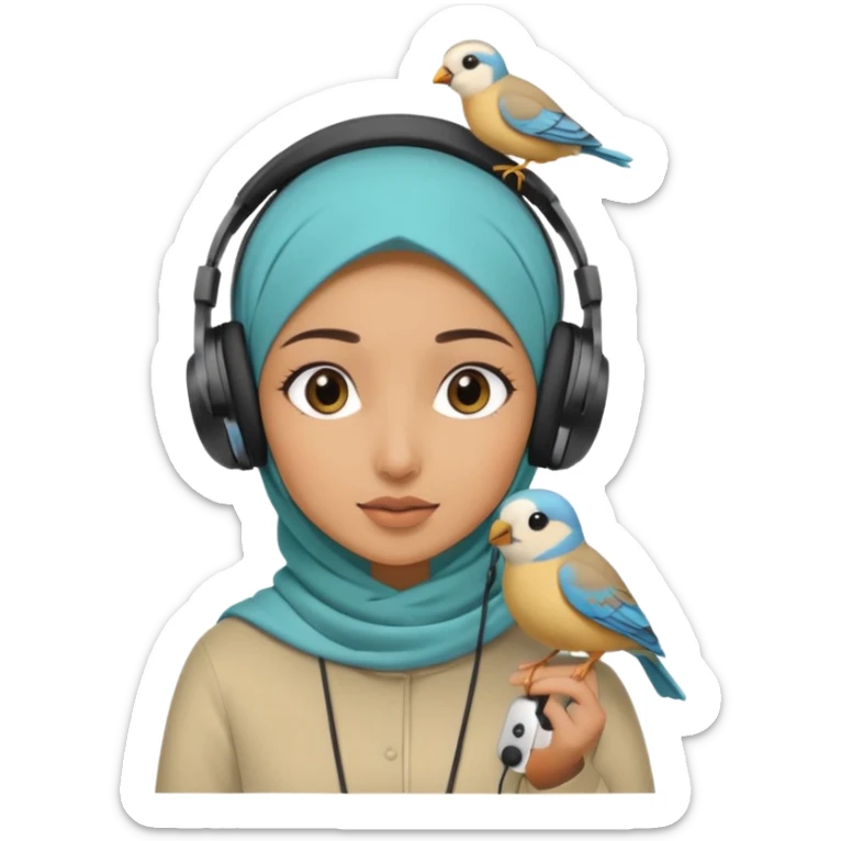 A hijabi girl with a medium skin tone wearing headphones with a small birdie on her head sticker