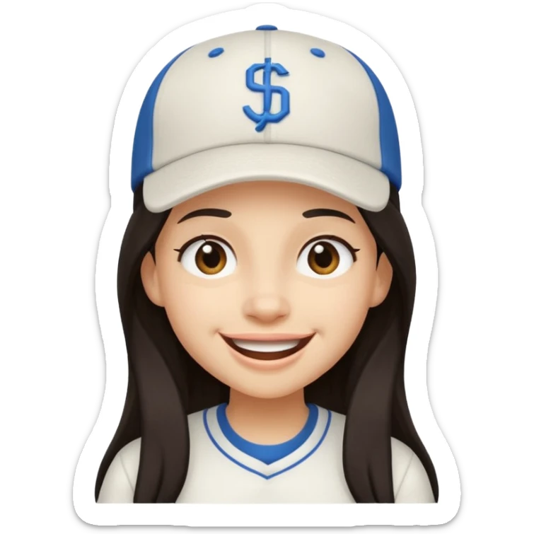 Digital illustration of a cartoon character with a big smile on its face and winking with one eye. The character has long dark hair and is wearing a white baseball cap and casual clothes. The overall style of the illustration is cute and playful. sticker