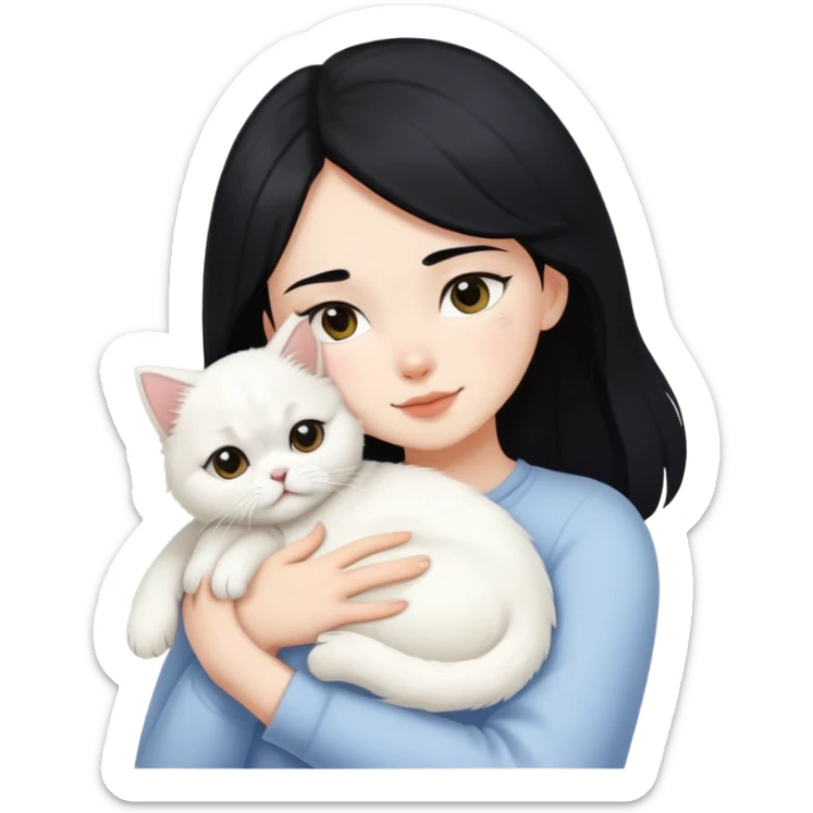 One black hair girl hugging one white puppy and one white persian cat sticker
