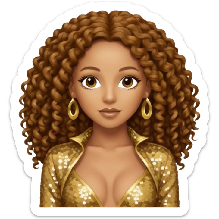 Mel B from Spice Girls with long brown curly hair, gold sequin outfit sticker