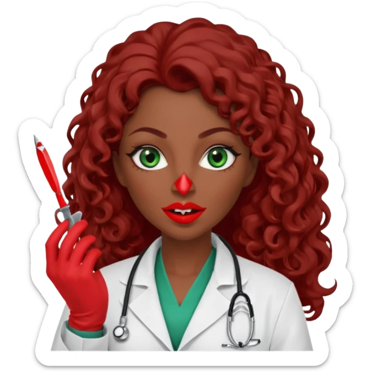 Lilith symbol sexy evil woman. She has green eyes.  had brown long curly hair.  evil surgeon kills with scalpel wears red sexy doctor coat with red mouth cover red gloves. Covers nose, neck  and mouth with Muslim red berka sticker