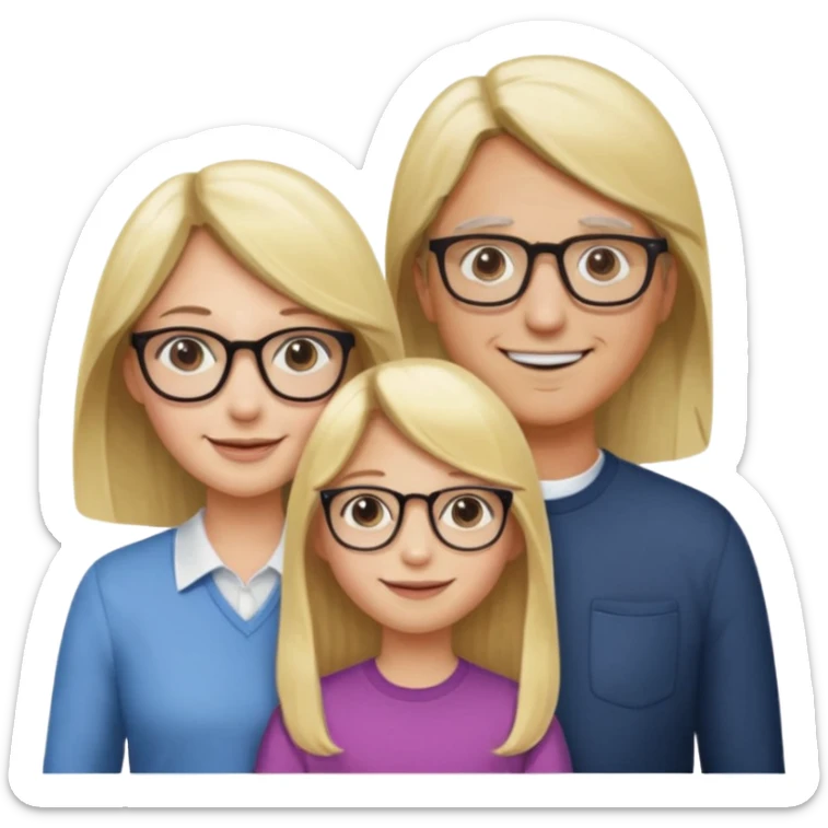 je voudrai un emoji d'une fille aux cheveux longs et blonds avec des lunettes avec son papa chatain et sa maman blonde sticker