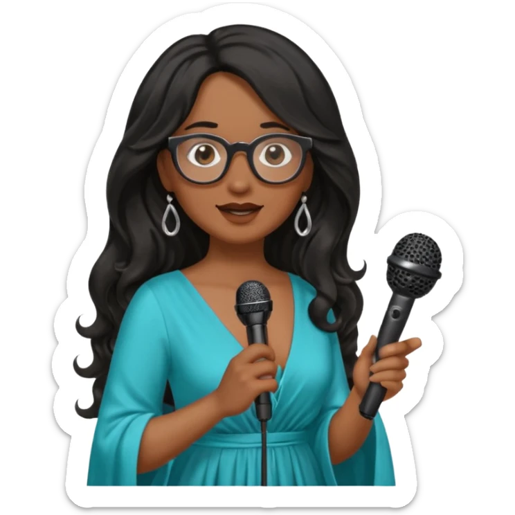 singer, Middle age, long wavy black hair, brown skin, wearing dress, holding mic, glasses sticker