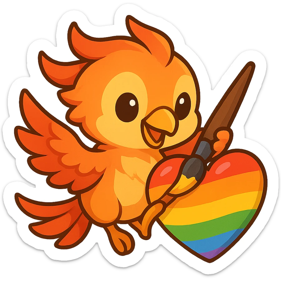 A phoenix holding a brush, applying colors inside a heart emoji, energetic and friendly feeling, modern lines sticker
