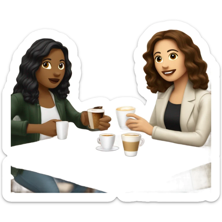 puerto rican woman light skin with shoulder-length, wavy, brown hair drinking latte with Italian Roman woman with black, straight hair drinking espresso at table sticker