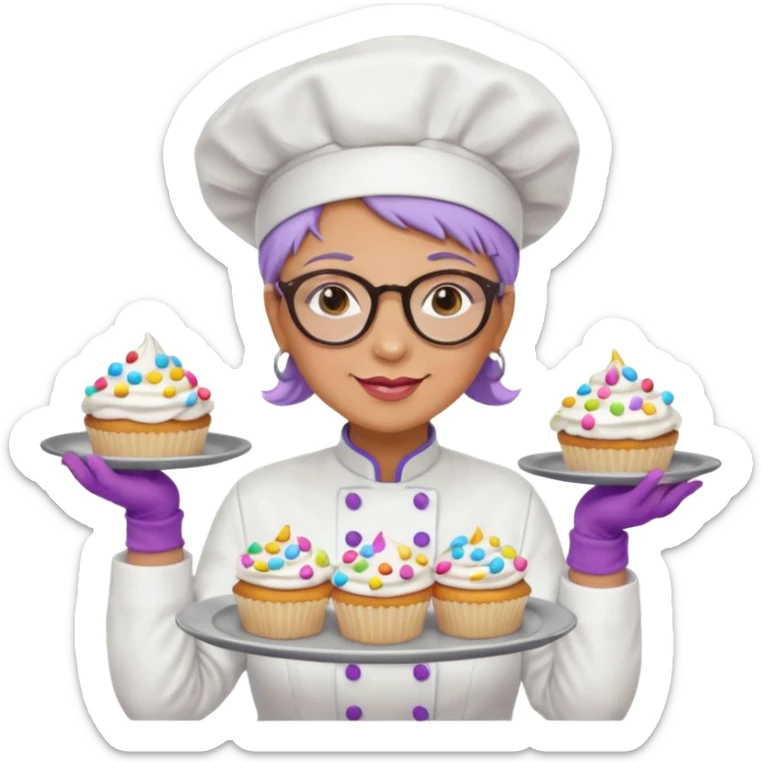 Older female pastry chef – round glasses, oven mitts on, holding a tray of cupcakes

 sticker