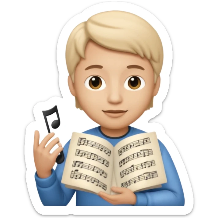 Apple Memoji-style 3D emoji of a composer holding sheet music, soft shading, rounded shapes, no background. sticker