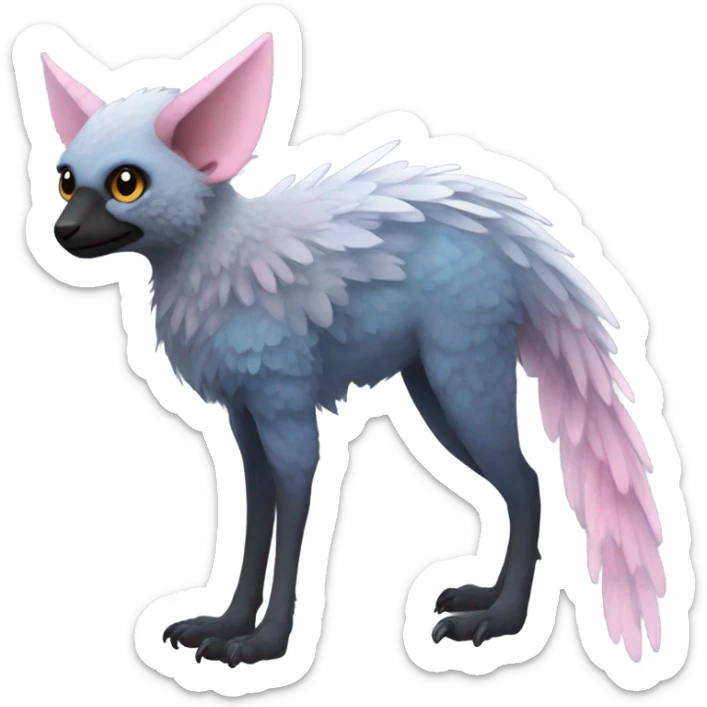 Trico The Last Guardian Quadrupedal Creature With Blue Horns, Grey feather Wings, And long tufted tail, black muzzle, pink scaly legs sticker