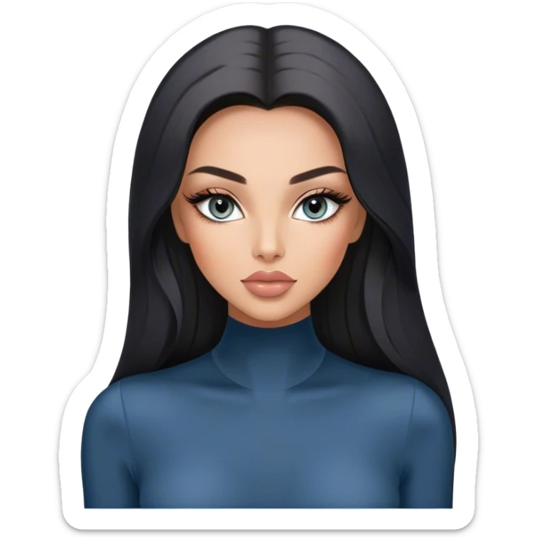 Glamours, tanned, very beautiful girl, with big pump peach-beige-rose lips, long long lashes, black straight smooth silky long hair, straight parting hair, blue-grey eyes in black long-sleeves bodysuit sticker