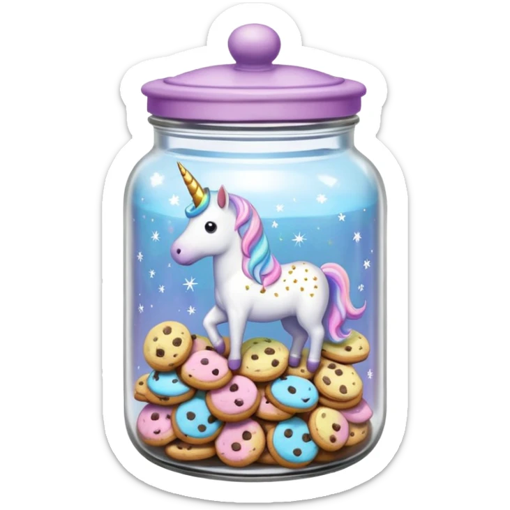 A sparkly pastel chewy chocolate chip unicorn cookie in an organized jar, saying "Cookie Jar" with some small illustrations on the jar to indicate there's cookies stored instead sticker