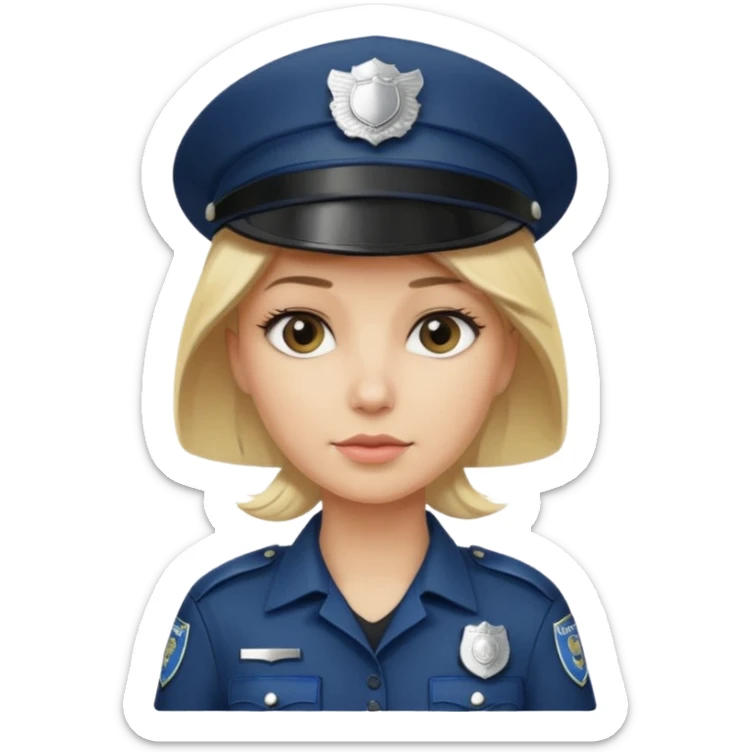 A blonde woman wearing a dark police hat with a silver badge, looking straight ahead with a calm expression. sticker