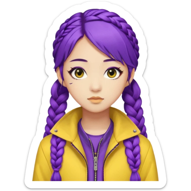 kpop hunters Rumi purple hair one large braid, asian, yellow jacket and wearing eyeliner sticker