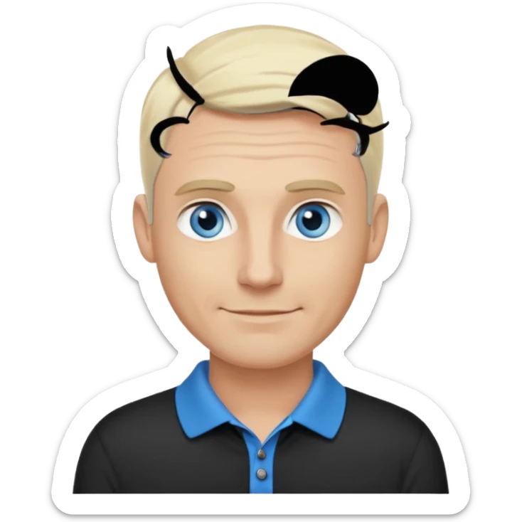 Avatar pic male 35 years old gray hair blue eyes clean shaven blonde eyebrows high cheekbones sly smile long eyelashes wearing a black golf shirt sticker