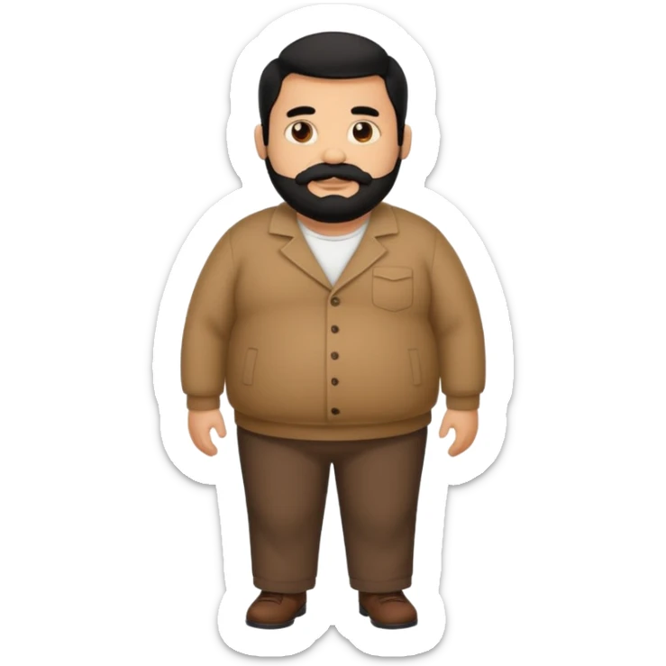 Fat brown man. Clothed. Full body. Black hair. Small beard and mustache. Black hair sticker