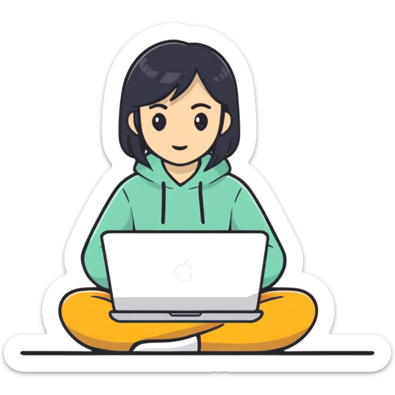 Asian girl with black hair sitting and watching a MacBook laptop sticker