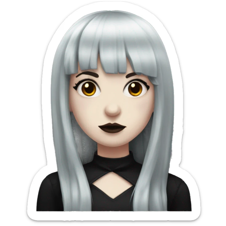 goth girl that has porcelain skin and Long Dark red hair and fringe bangs and is wearing black sticker