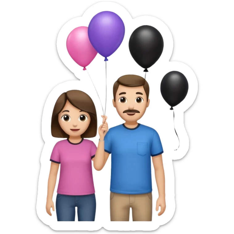Mom in pink shirt dad in blue shirt holding black baloon happy 1 baloon sticker