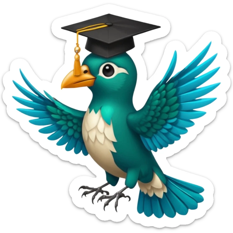 Un COLIBRÍ con birrete de graduación y que el colibrí sea turquesa oscuro, que este se vea bastante realista  sticker
