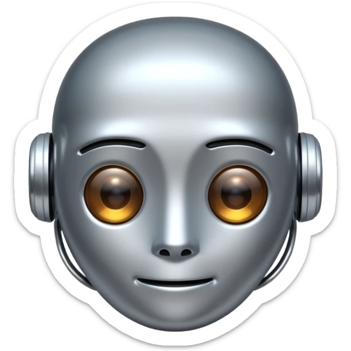 A cute futuristic robot emoji made of silver chrome, rounded friendly body, minimal facial features, glossy metallic surface, soft reflections, iOS emoji style, centered, clean white background sticker