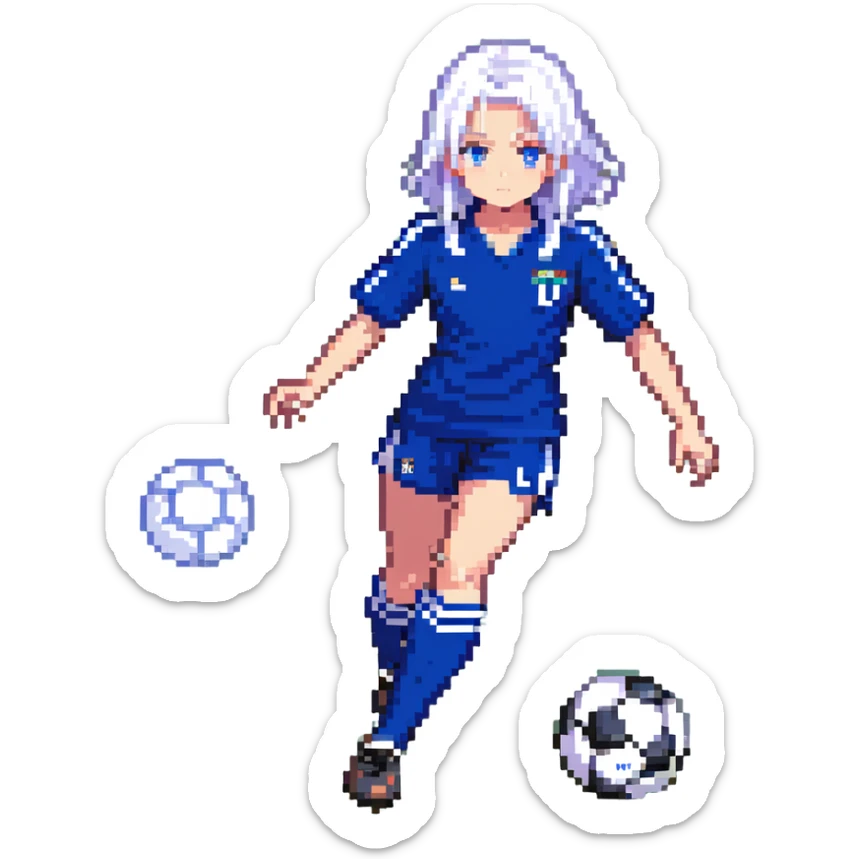 Nagi Seishiro from Blue Lock, pixel art style, mid-dribble, white hair, blue soccer uniform sticker