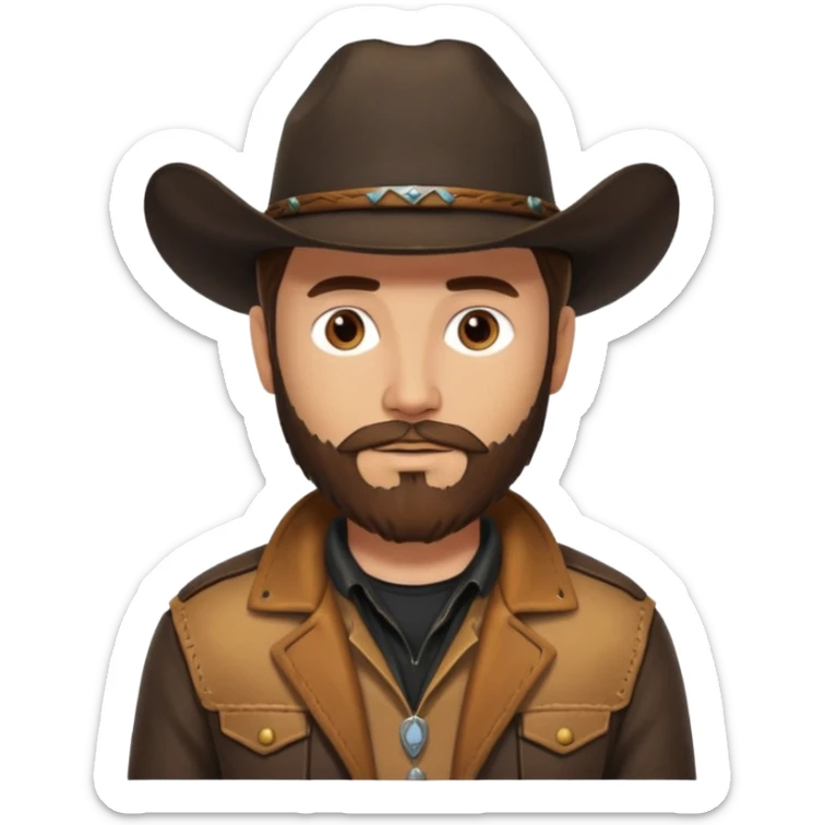 yellowstone ranch cowboy with brown beard, black cowboy hat, black t-shirt, leather tan jacket sticker
