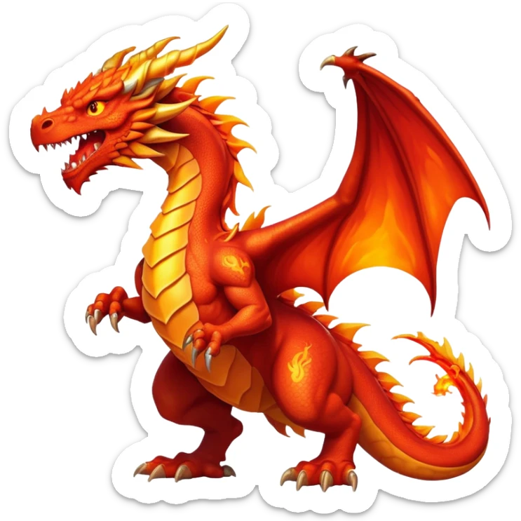 cinematic-noble-fierce-fire-dragon-full body-emoji,-poised-and-imposing,-with-a-muscular,-scaled-body-ablaze-in-fiery-hues-of-crimson,-molten-orange,-and-molten-gold,-and-intense,-burning-eyes-that-mirror-the-heart-of-a-volcano;-rendered in detail sticker