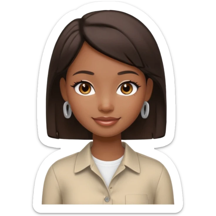 generate a pretty bratz girl with dark brown eyes. Dark brown hair straight short hair. tight beige button up shirt with top shirt open.  airpods in ear sticker