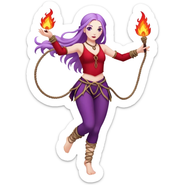 Full body rope Poi fire dance performer pale skin with long purple hair red clothes sticker