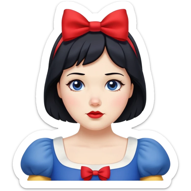 Snow White from hips up, blue and yellow dress, short black hair with red bow, minimal style, larger size sticker