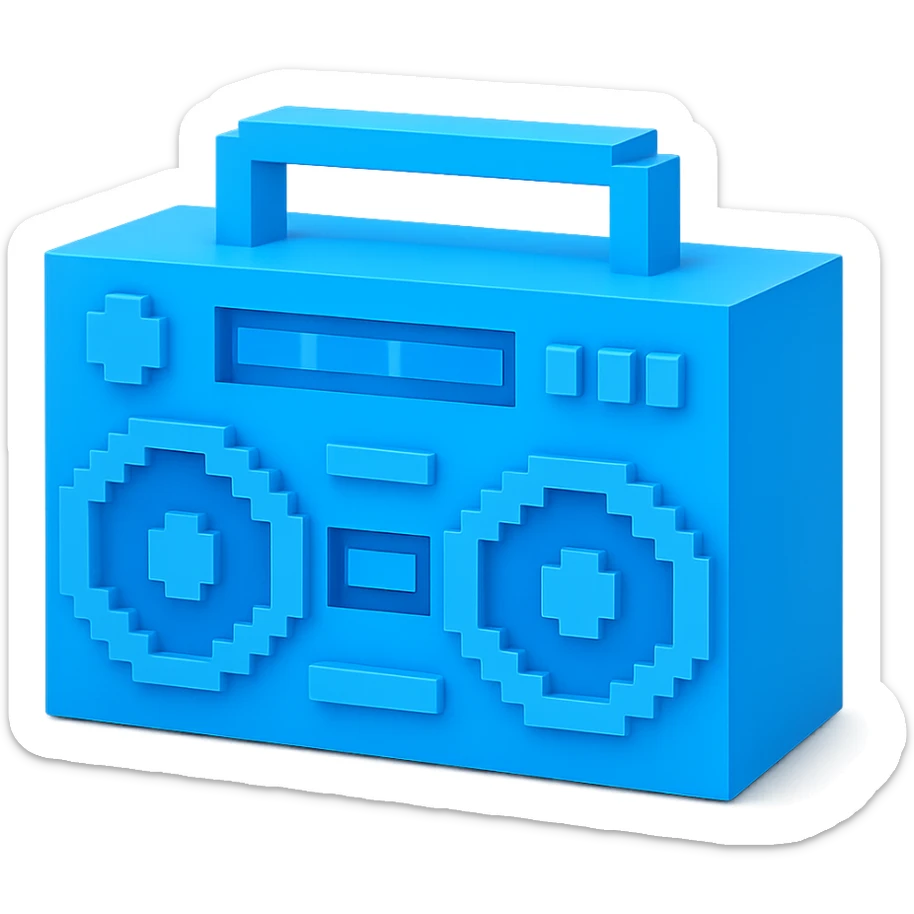 A boombox in voxel style, front view, blue color sticker
