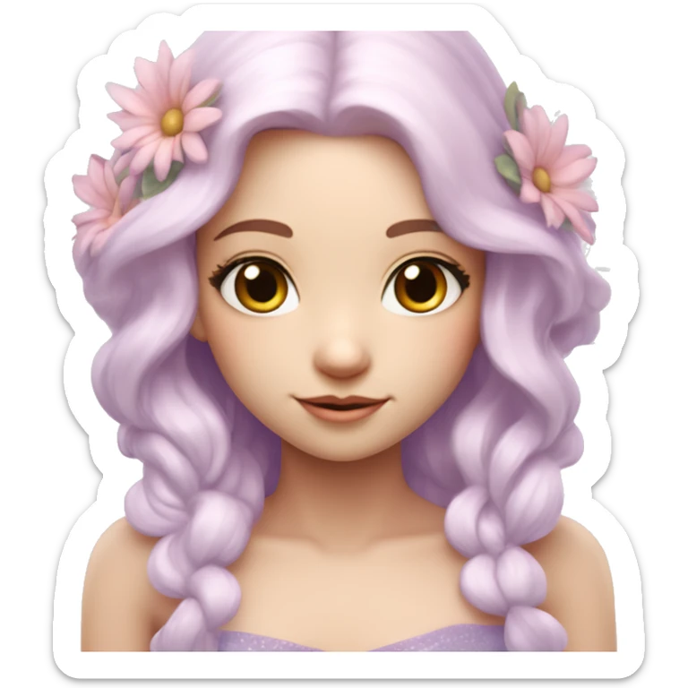 Beautiful, flower fairy, white long, light pink hair, big wings, fair skin, light violet eyes  sticker