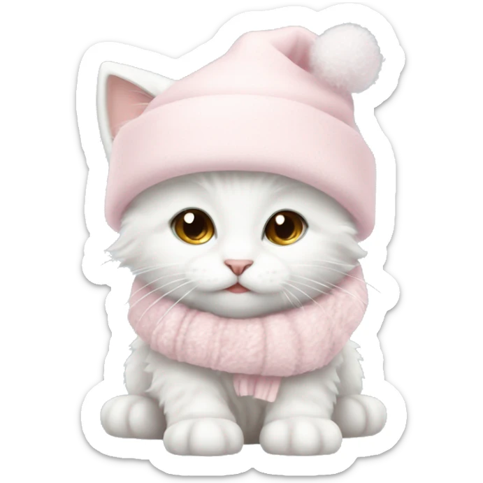 fluffy white winter kitten with pale pink christmas hat and pale pink scarf sticker