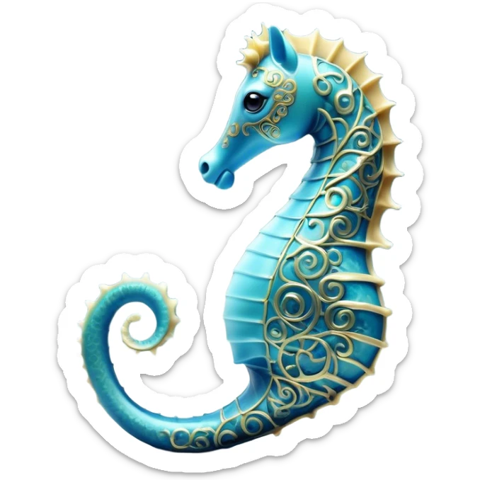 Cinematic Noble Sea Horse Portrait Emoji, Poised and elegant, with a delicate, upright body adorned with intricate, flowing patterns and a gracefully curled tail, with keen, expressive eyes, Simplified yet sharp and sophisticated features, highly detailed, glowing with a soft, aquatic luminescence, high shine, intelligent and refined, stylized with an air of ethereal marine grace, focused and poised, soft glowing outline, capturing the essence of a watchful and confident sea guardian that appears ready to drift out of the screen with effortless authority! sticker