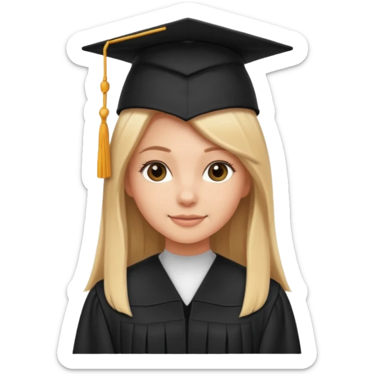white girl with straight hair, standing proudly in black graduation cap and gown, subtle smile sticker
