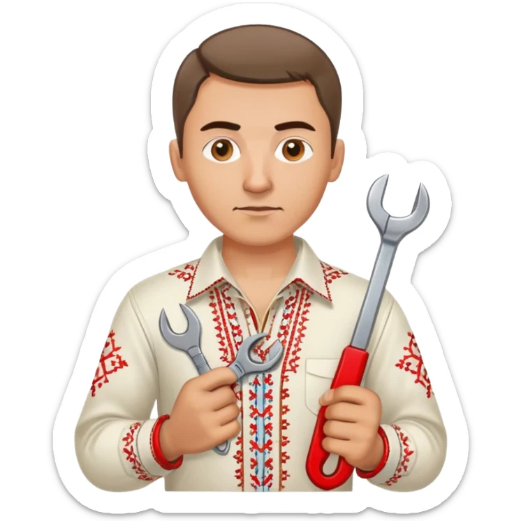 Ukrainian man with traditional embroidered shirt (vyshyvanka) holding a metal spanner wrench and red scissors sticker
