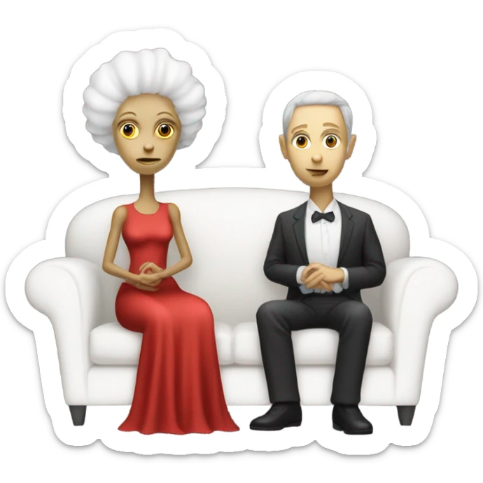 alien reptilian woman in red dress, normal human male in white dress, sitting on a couch  sticker