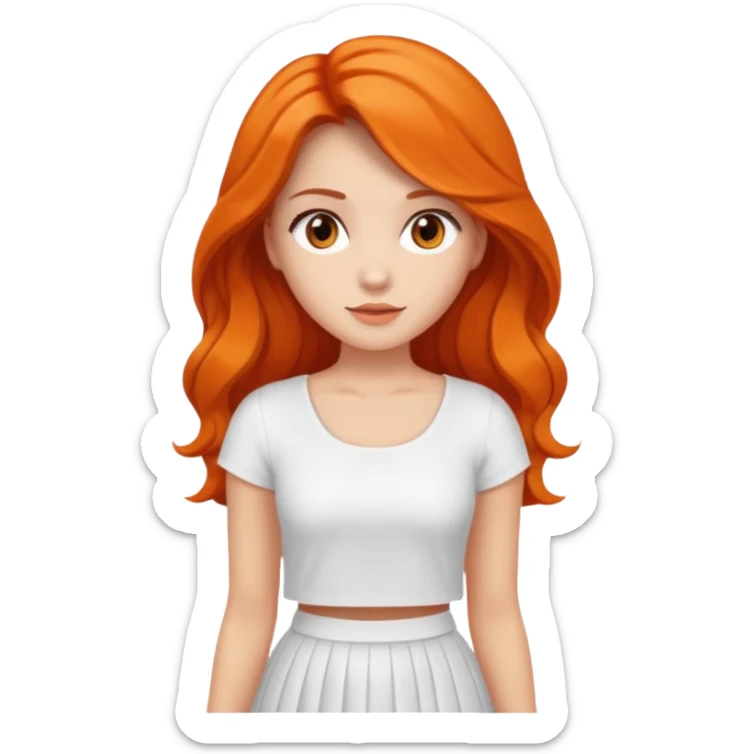 A woman with Orange long ondulated hair, brown reyes And dresses with White top And White long skirt sticker