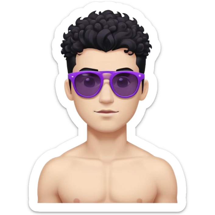 shirtless male athlete with white skin and moderately curly black hair on top with shaved sides, wearing purple sunglasses with black tinted lenses sticker