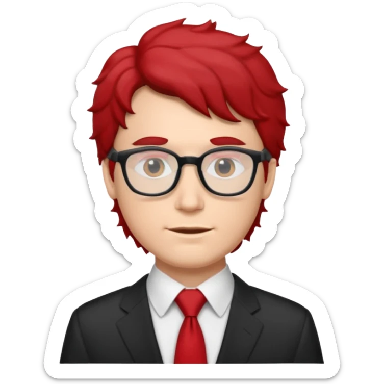 white man in white shirt, having red tie, black wavy hair, wearing glasses sticker